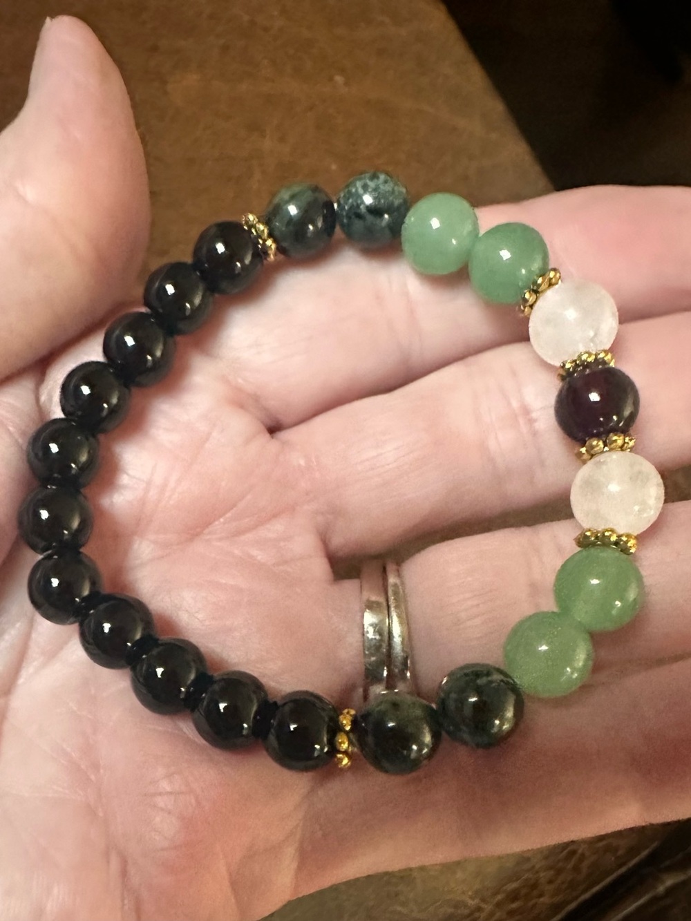 Green & Black Beaded Stretch Bracelet with Gold Accents